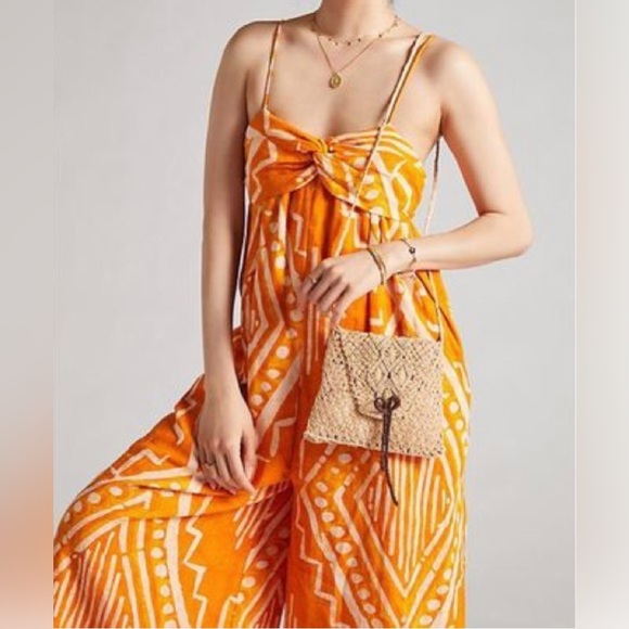 Sale! Anthropologie Wide Leg Orange Print Jumpsuit with Tie-Back - Picture 2 of 8